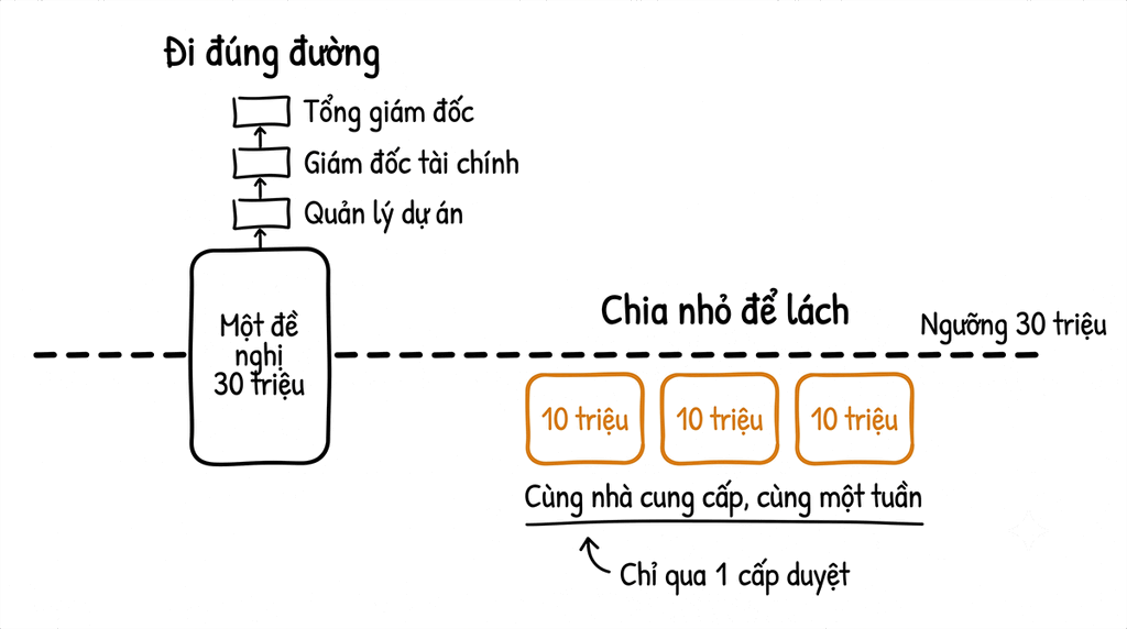 Sơ đồ ngưỡng duyệt, một khoản ba mươi triệu phải qua hai cấp duyệt, còn ba khoản mười triệu tách nhỏ thì lọt xuống dưới ngưỡng chỉ cần một cấp