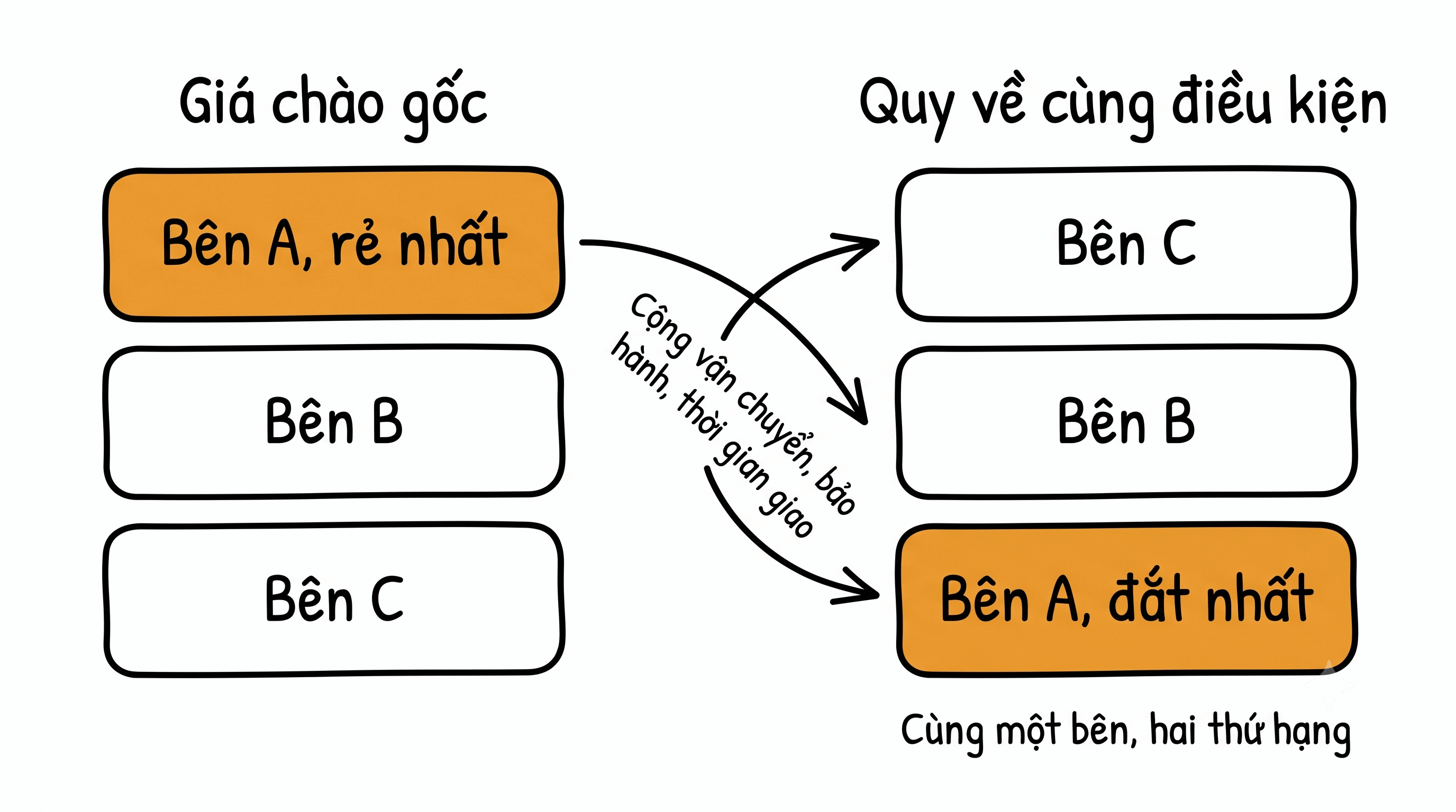 Hai bảng xếp hạng báo giá đặt cạnh nhau, bên rẻ nhất theo giá chào tụt xuống hạng ba sau khi cộng vận chuyển và quy về cùng điều kiện bảo hành